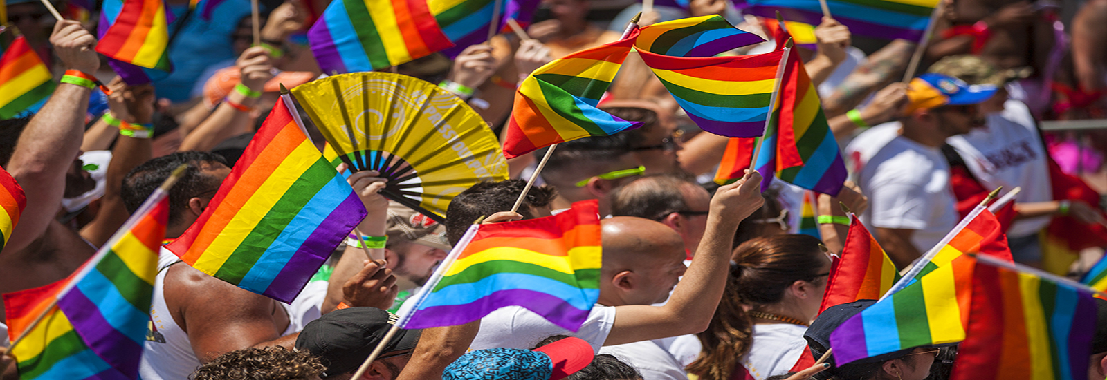 This is a stock photo. A zoomed in photo of parade goers and pride flags at the Miami Beach pride parade.